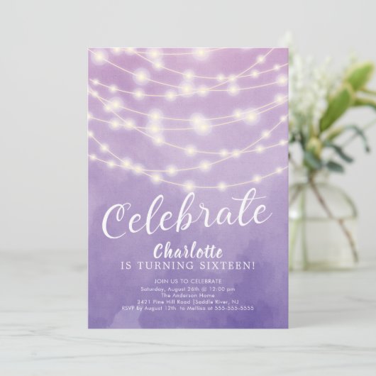 String Lights Sweet 16th Birthday Invitation Kaart (Staand voorkant)