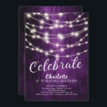 String Lights Sweet 16th Birthday Invitation Kaart<br><div class="desc">Moderne string licht zoete 16 verjaardagsuitnodiging op een paarse achtergrond.  Uitzicht onze bijpassende florale rug voor een extra speciale aanraking.</div>