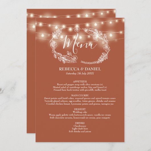 String Lights Terracotta Bloemenbruiloft Menu (Voorkant / Achterkant)