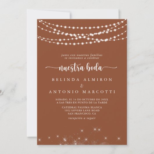 String Lights Terracotta Nuestra Boda Bruiloft Kaart (Voorkant)