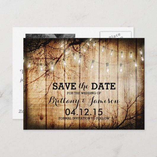 String Lights Tree  Barn Wood Save the Date Aankondigingskaart (Voorkant / Achterkant)