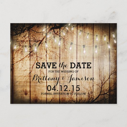 String Lights Tree  Barn Wood Save the Date Aankondigingskaart (Voorkant)