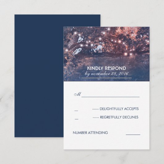 String Lights Tree Blauw Rustiek RSVP Kaartje (Voorkant / Achterkant)