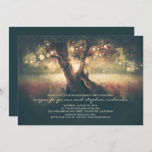 String Lights Tree - Carved Heart Engagement Party Kaart (Voorkant / Achterkant)