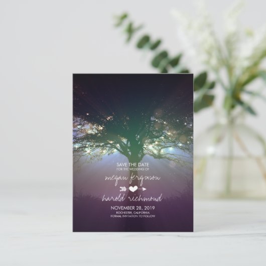String Lights Tree Rustic Bewaar de datum Aankondigingskaart (Staand voorkant)