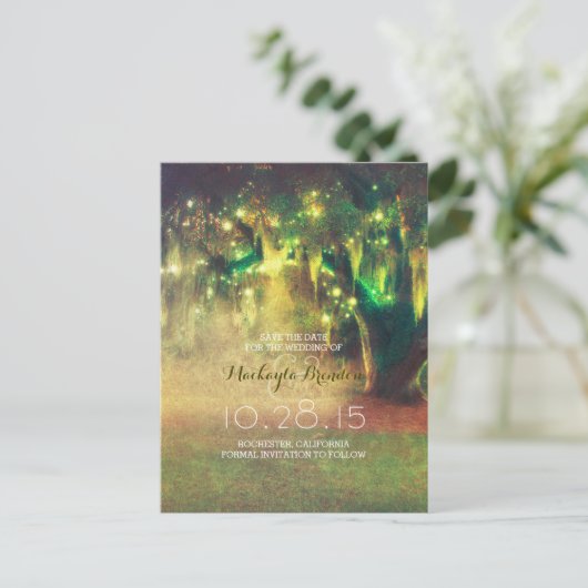 String Lights Tree Rustic Country Save the Date Aankondigingskaart (Staand voorkant)