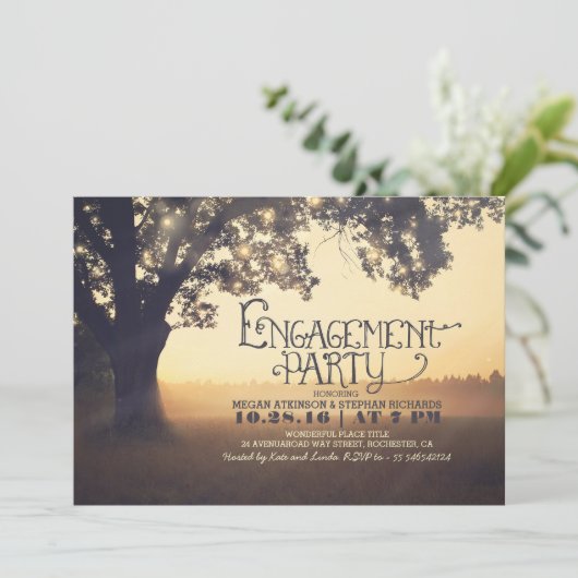 String Lights Tree Rustic Engagement Party Uitnodi Kaart (Staand voorkant)
