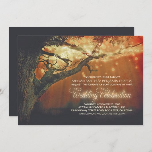 String Lights Tree Rustic Forest Huwelijksuitnodig Kaart (Voorkant / Achterkant)