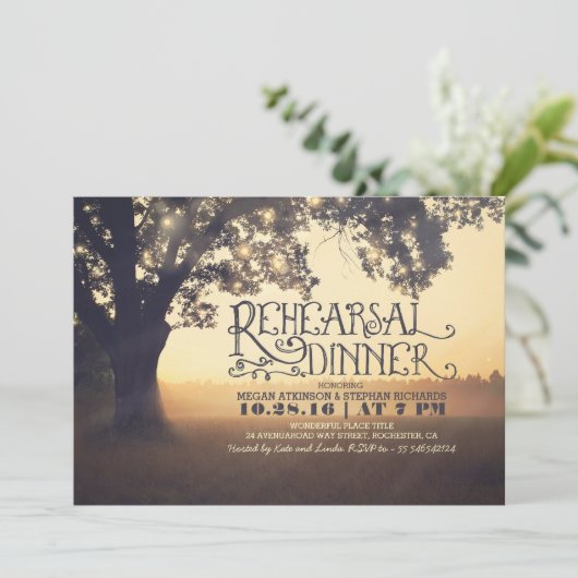String Lights Tree Rustic Repetitie Diner Uitnodig Kaart (Staand voorkant)