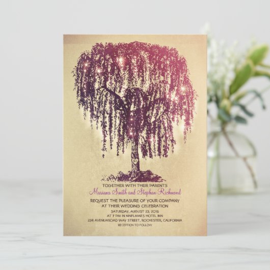 String Lights Tree Rustieke bruiloft Uitnodiginge Kaart (Staand voorkant)