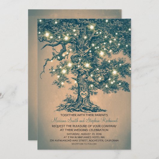 String Lights Tree Rustieke bruiloft Uitnodiginge Kaart (Voorkant / Achterkant)