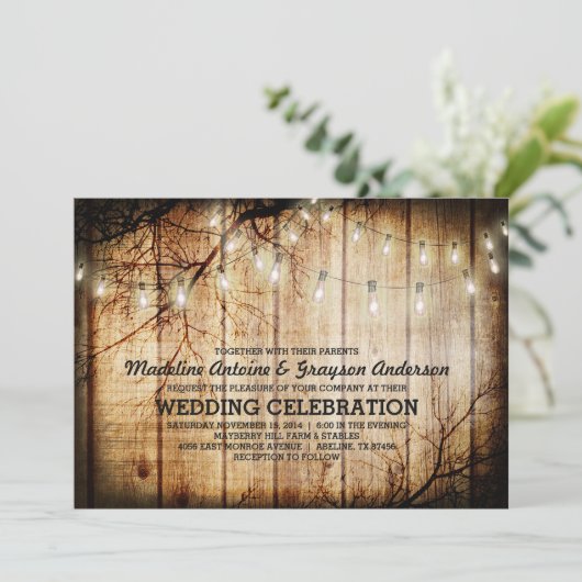 String Lights Tree  Schuur Hout Wedding Kaart (Staand voorkant)