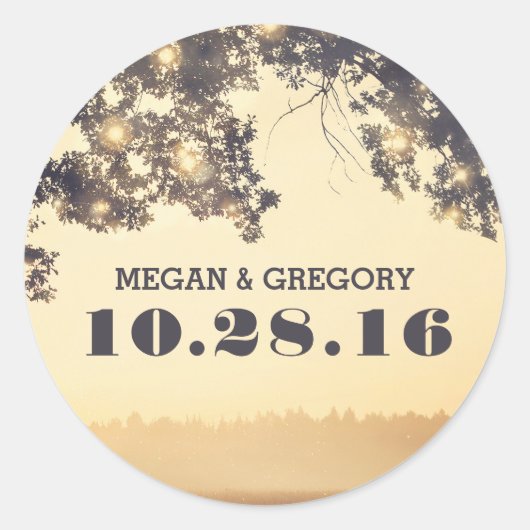 String Lights Tree takken rustieke bruiloft Ronde Sticker (Voorkant)