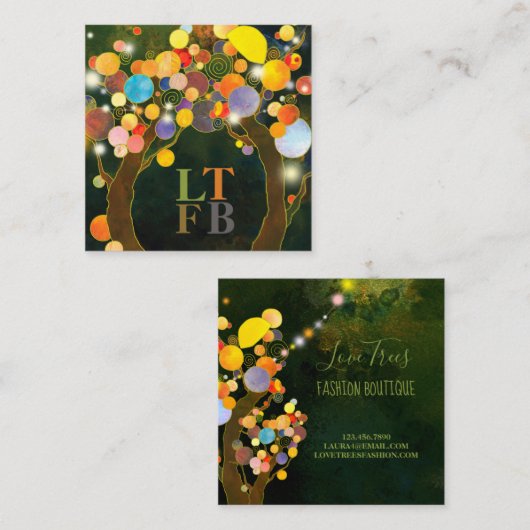 String Lights Trees Business Monogrammen Vierkante Visitekaartje (Voorkant / Achterkant)