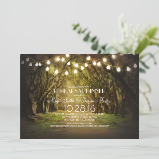 String Lights Trees Path Rustic Rehearsal Dinner Kaart (Staand voorkant)