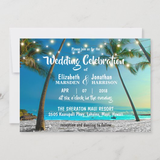 String Lights Tropical Beach Modern Wedding Kaart (Voorkant)
