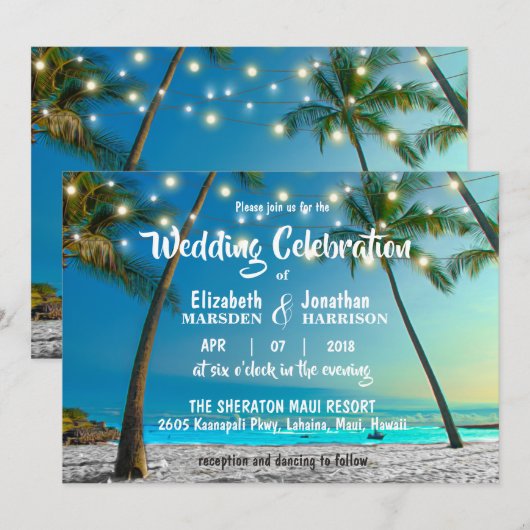 String Lights Tropical Beach Modern Wedding Kaart (Voorkant / Achterkant)