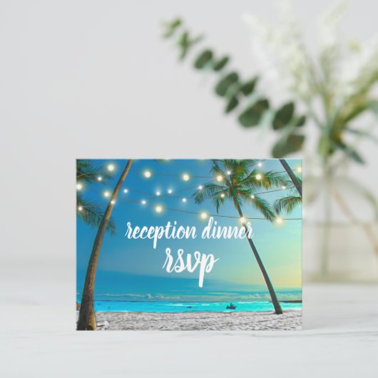 String Lights Tropical Beach Reception Dinner Uitnodiging Briefkaart (Staand voorkant)