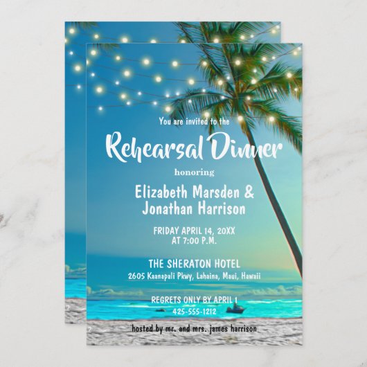 String Lights Tropical Beach Rehearsal Dinner Kaart (Voorkant / Achterkant)