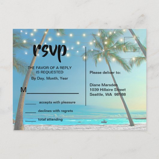 String Lights Tropical Beach RSVP-behuizing Uitnodiging Briefkaart (Achterkant)