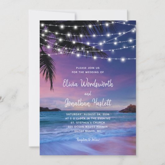 String Lights Tropical Beach Sunset Wedding Kaart (Voorkant)