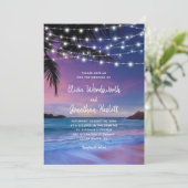 String Lights Tropical Beach Sunset Wedding Kaart (Staand voorkant)