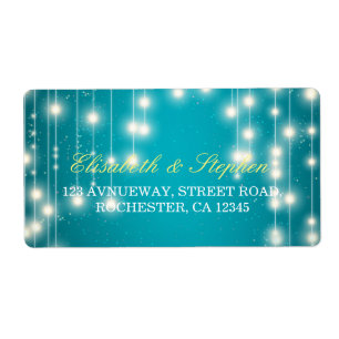 String Lights & Turquoise Glitter Wedding Address Etiket