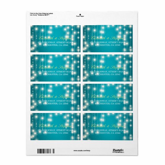 String Lights & Turquoise Glitter Wedding Address Etiket (Full Sheet)