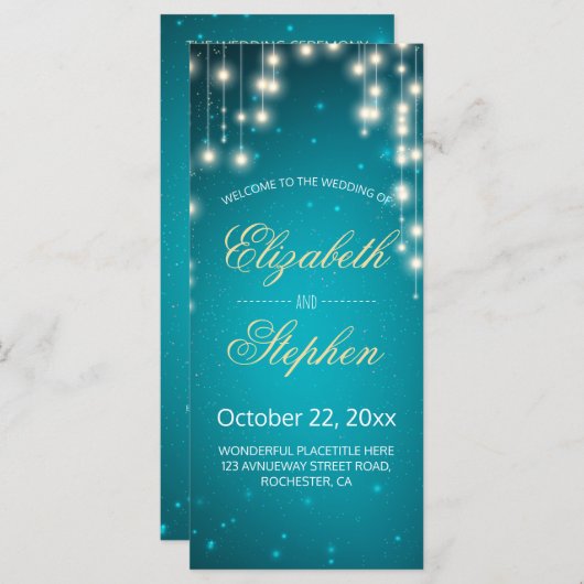 String Lights & Turquoise Glitter Wedding Program Programmakaart (Voorkant / Achterkant)