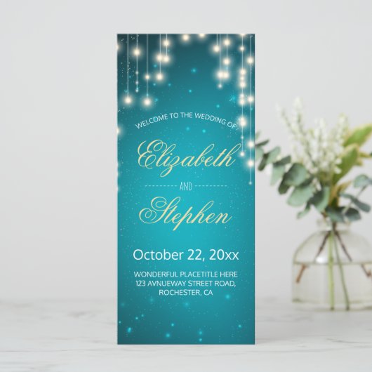 String Lights & Turquoise Glitter Wedding Program Programmakaart (Staand voorkant)