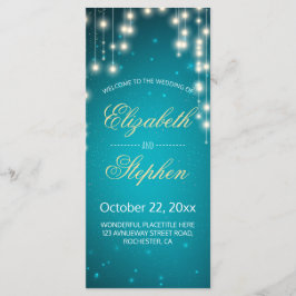 String Lights & Turquoise Glitter Wedding Program Programmakaart
