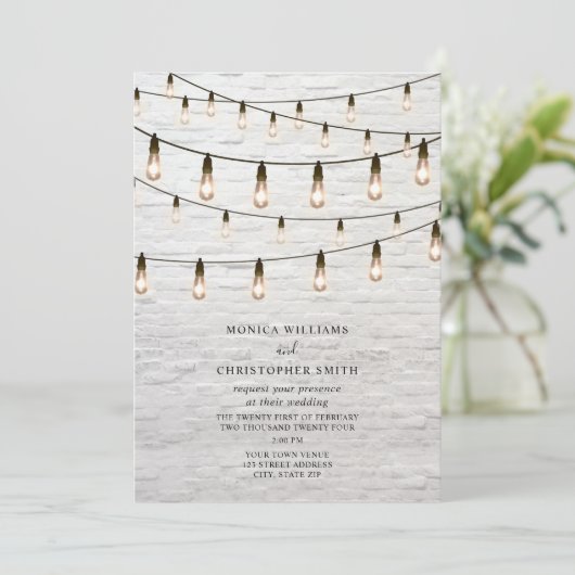  String Lights White Brick Wedding Kaart (Staand voorkant)