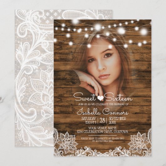 String Lights Wood and Lace Sweet 16 Feest Kaart (Voorkant / Achterkant)