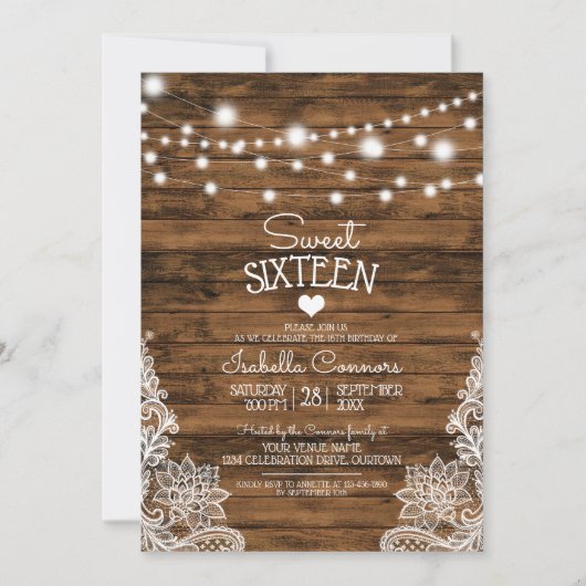String Lights Wood en Lace Sweet 16 Party Kaart (Voorkant)