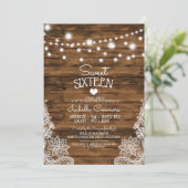 String Lights Wood en Lace Sweet 16 Party Kaart (Staand voorkant)