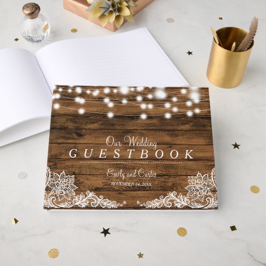 String Lights Wood en Lace | Weddenschap Gastenboek (Voorkant open)