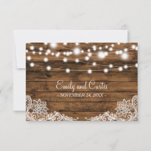 String Lights Wood en Lace Wedding Favor Bedankkaart (Voorkant)