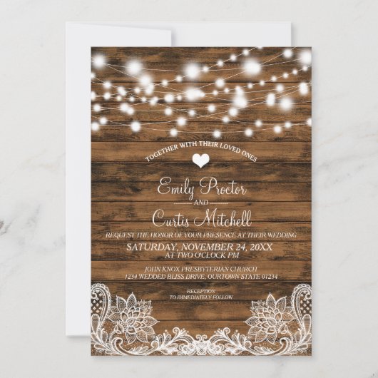 String Lights Wood en Lace Wedding Invitation Kaart (Voorkant)