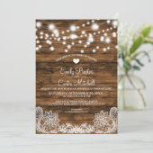 String Lights Wood en Lace Wedding Invitation Kaart (Staand voorkant)
