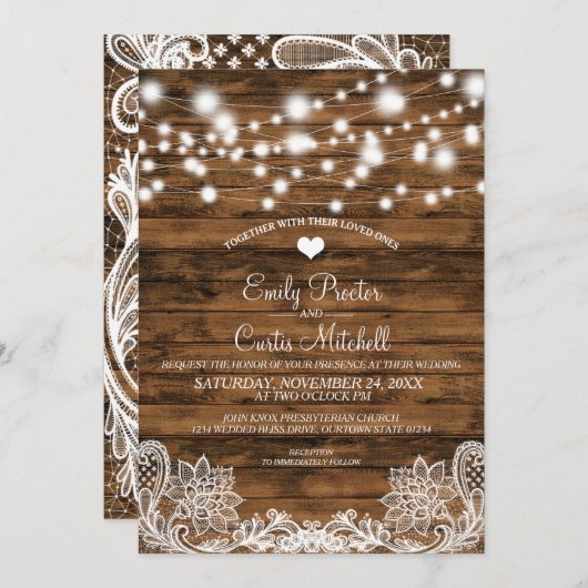 String Lights Wood en Lace Wedding Invitation Kaart (Voorkant / Achterkant)