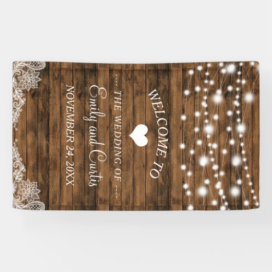 String Lights Wood en Lace Wedding Spandoek (Horizontaal)