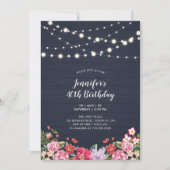 String Lights & Wood | Floral Adult Birthday Party Kaart (Voorkant)