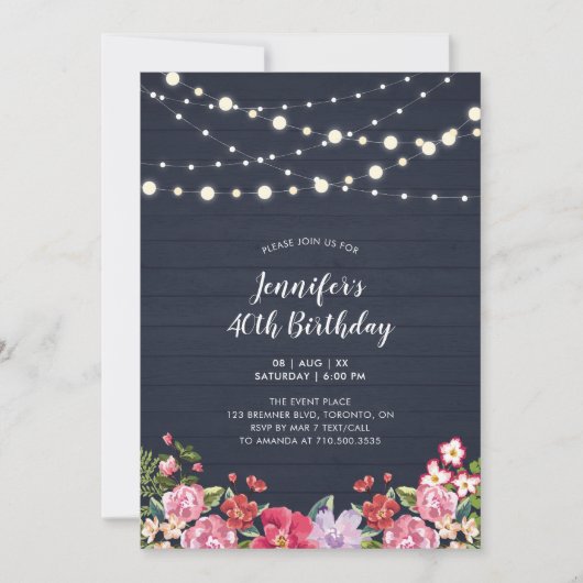 String Lights & Wood | Floral Adult Birthday Party Kaart (Voorkant)