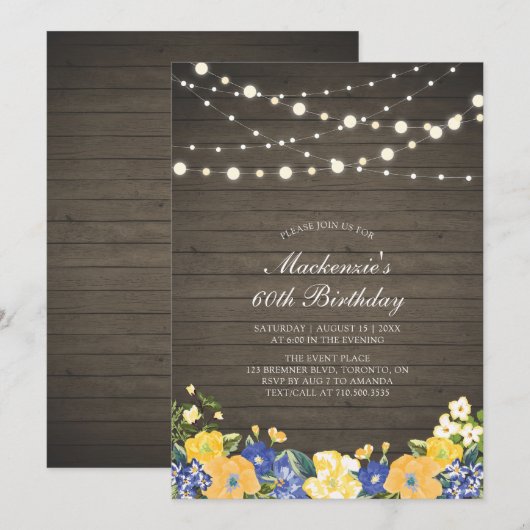 String Lights & Wood | Floral Adult Birthday Party Kaart (Voorkant / Achterkant)