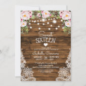 String Lights Wood Floral en Lace Sweet 16 Party Kaart (Voorkant)
