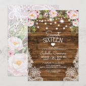 String Lights Wood Floral en Lace Sweet 16 Party Kaart (Voorkant / Achterkant)