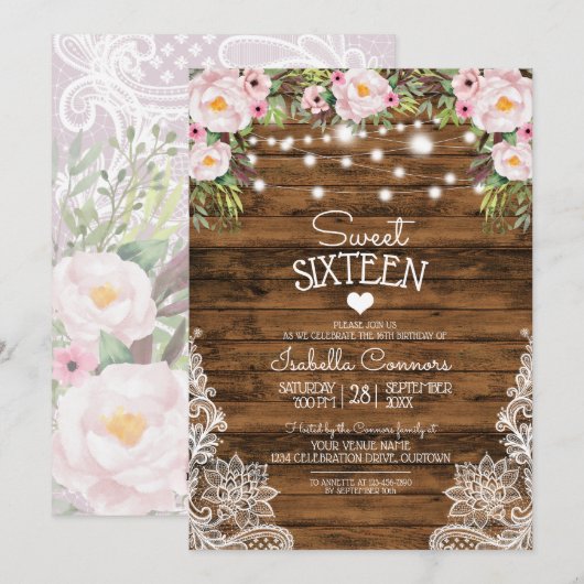String Lights Wood Floral en Lace Sweet 16 Party Kaart (Voorkant / Achterkant)