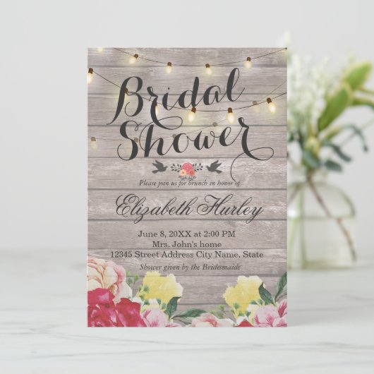 String Lights & Wood Floral Vrijgezellenfeest Wedd Kaart (Staand voorkant)