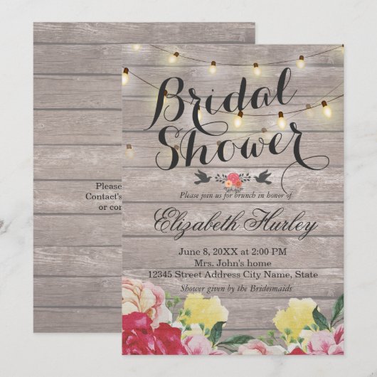 String Lights & Wood Floral Vrijgezellenfeest Wedd Kaart (Voorkant / Achterkant)