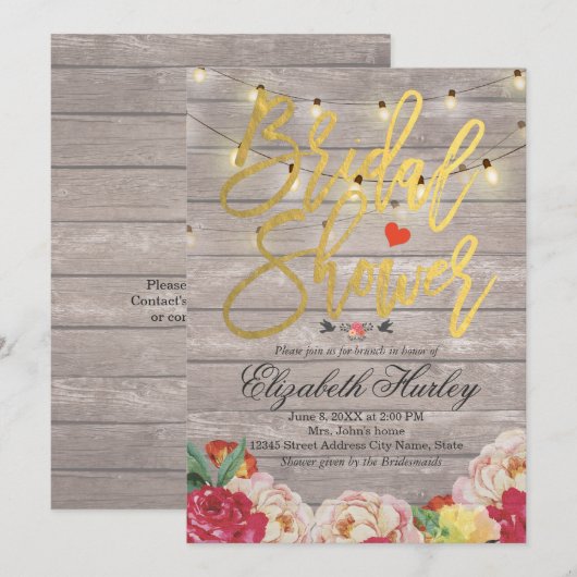 String Lights & Wood Floral Vrijgezellenfeest Wedd Kaart (Voorkant / Achterkant)